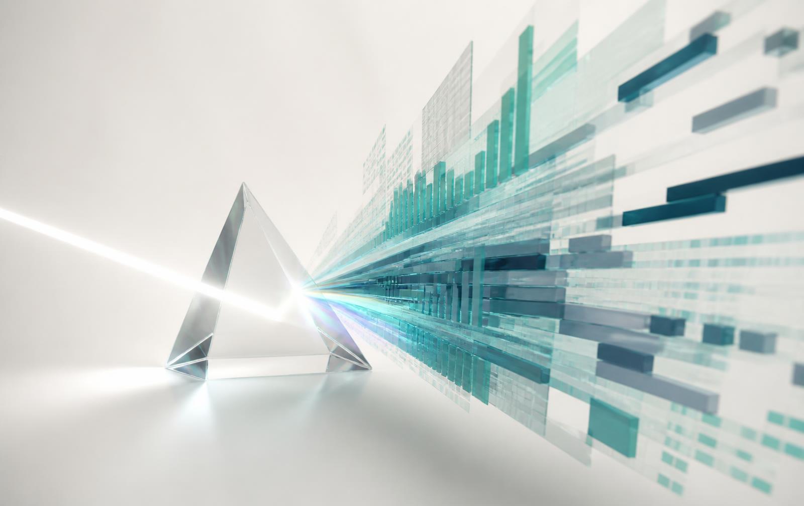 A beam of light refracting through a prism into columns of structured data